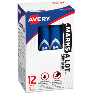Avery Marks-A-Lot Permanent Markers, Regular Desk-Style Size, Chisel Tip, Water and Wear Resistant, 12 Blue Markers (07886)